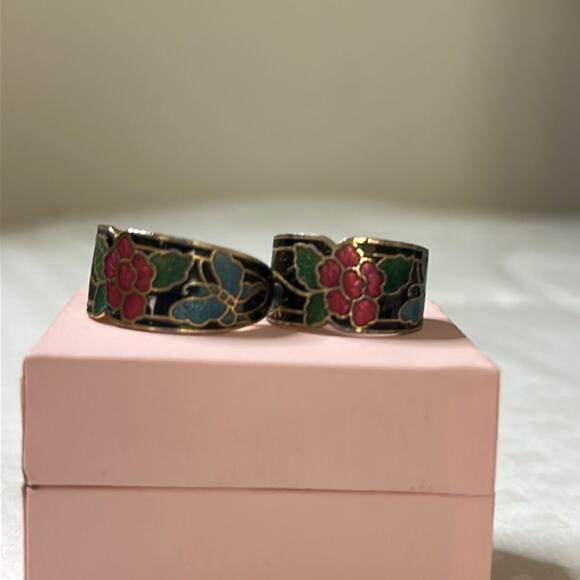 Vintage Cloisonné Black Butterfly Floral Earrings - Picture 9 of 12